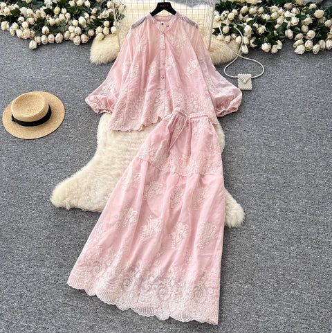 Embroidery Shirt & Half-body Skirt 2Pcs