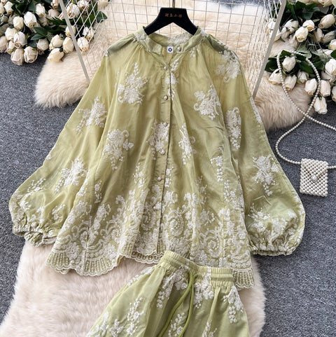 Embroidery Shirt & Half-body Skirt 2Pcs