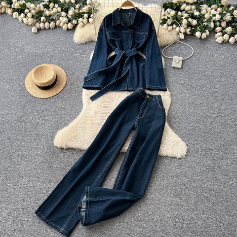 Lapeled Jacket & Jeans Denim 2Pcs