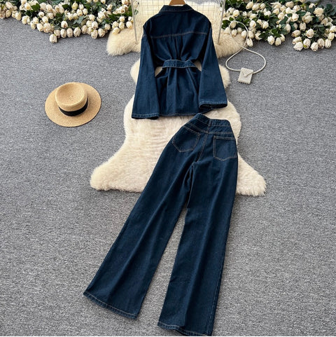 Lapeled Jacket & Jeans Denim 2Pcs