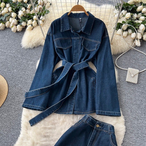 Lapeled Jacket & Jeans Denim 2Pcs