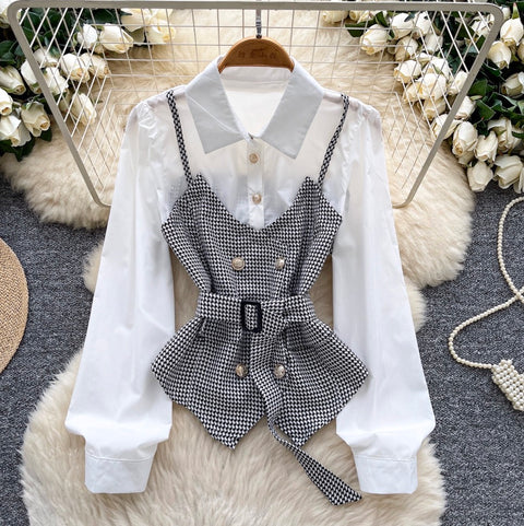 Faux Two-pieces Plaid Patchwork Shirt