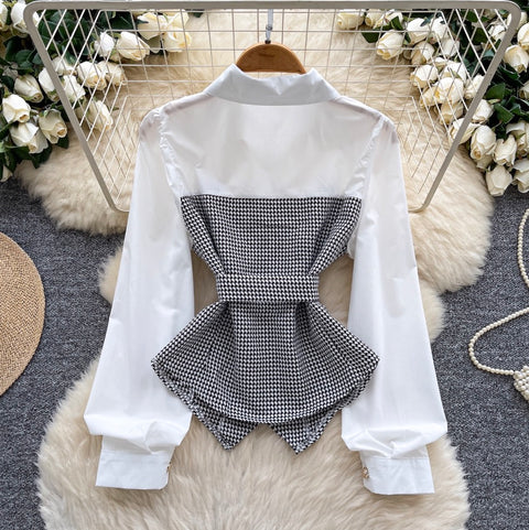 Faux Two-pieces Plaid Patchwork Shirt