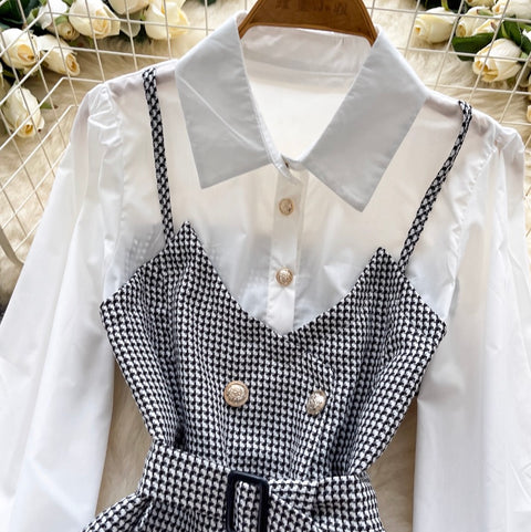 Faux Two-pieces Plaid Patchwork Shirt