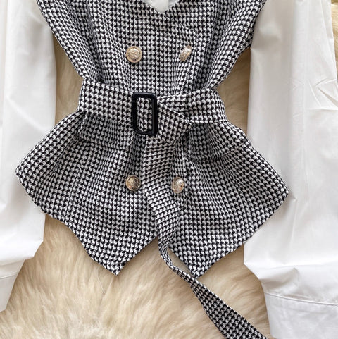 Faux Two-pieces Plaid Patchwork Shirt