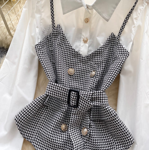 Faux Two-pieces Plaid Patchwork Shirt