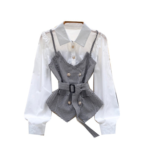 Faux Two-pieces Plaid Patchwork Shirt