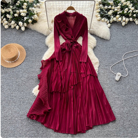 Suit Collar Lace-up Ruffled Dress