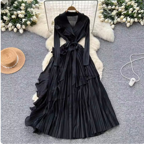 Suit Collar Lace-up Ruffled Dress