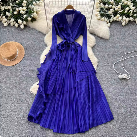 Suit Collar Lace-up Ruffled Dress