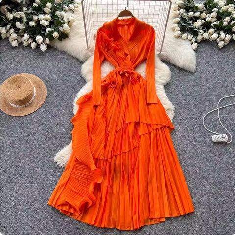 Suit Collar Lace-up Ruffled Dress