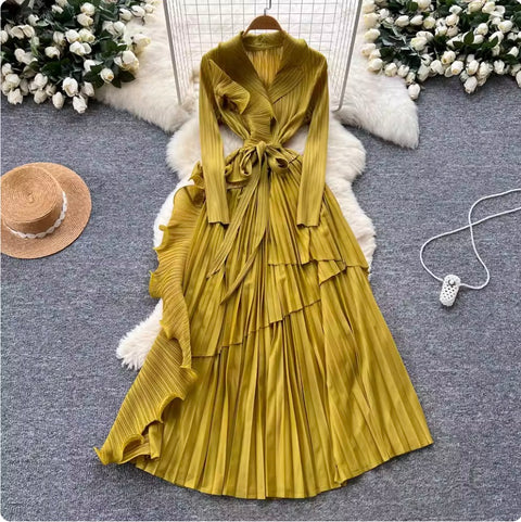 Suit Collar Lace-up Ruffled Dress