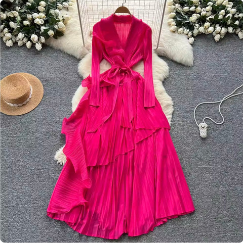 Suit Collar Lace-up Ruffled Dress