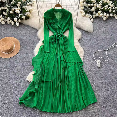 Suit Collar Lace-up Ruffled Dress