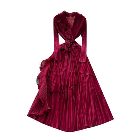 Suit Collar Lace-up Ruffled Dress