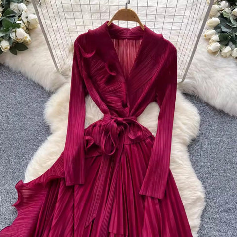 Suit Collar Lace-up Ruffled Dress