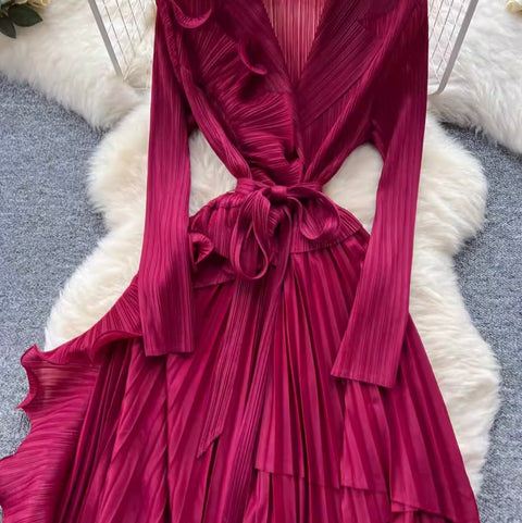 Suit Collar Lace-up Ruffled Dress