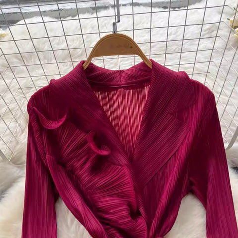 Suit Collar Lace-up Ruffled Dress