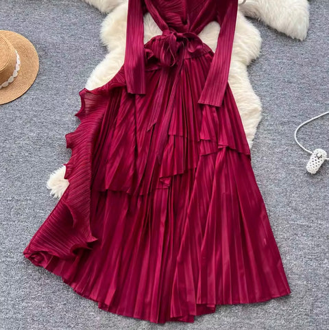 Suit Collar Lace-up Ruffled Dress