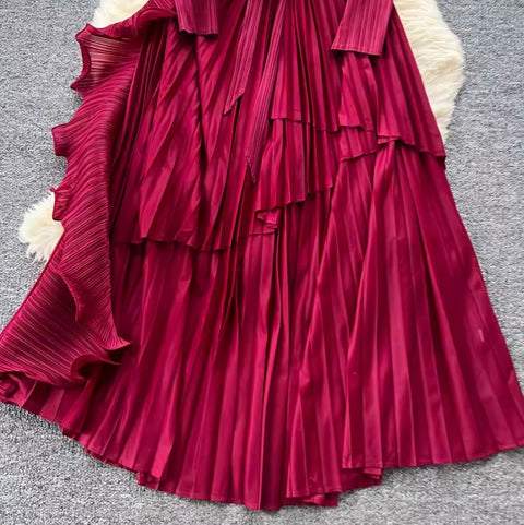 Suit Collar Lace-up Ruffled Dress