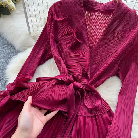 Suit Collar Lace-up Ruffled Dress