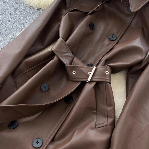 British Style Double-breasted PU Coat