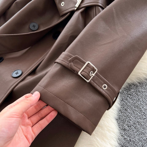 British Style Double-breasted PU Coat