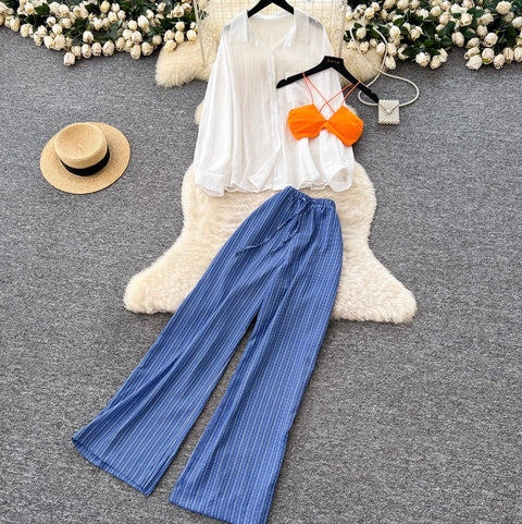 Shirt & Bikini & Striped Trousers 3Pcs