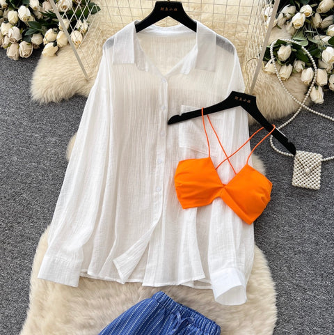 Shirt & Bikini & Striped Trousers 3Pcs
