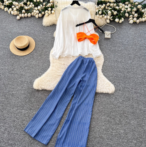 Shirt & Bikini & Striped Trousers 3Pcs