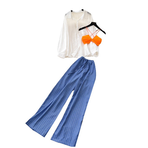 Shirt & Bikini & Striped Trousers 3Pcs