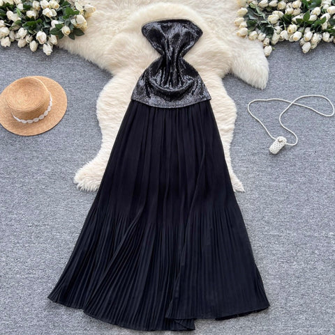 Sequined Patchwork Black Mesh Dress