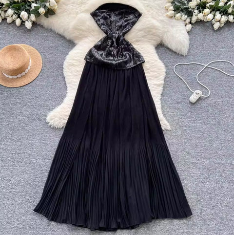 Sequined Patchwork Black Mesh Dress