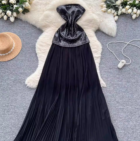 Sequined Patchwork Black Mesh Dress