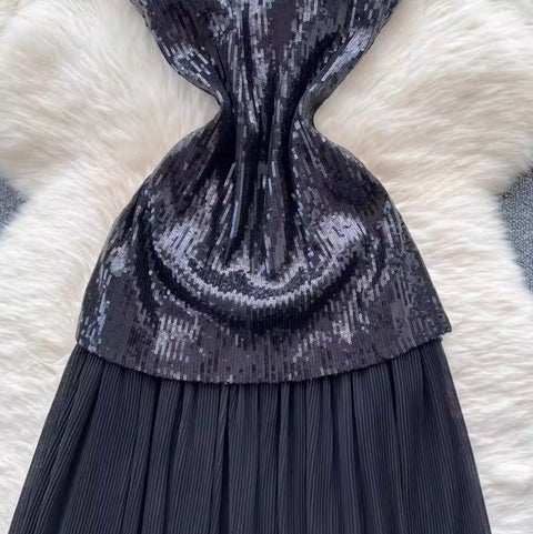 Sequined Patchwork Black Mesh Dress