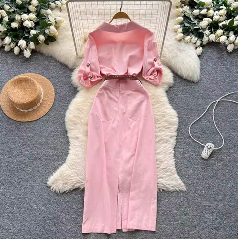 Niche Deign Shirt Dress with Belt