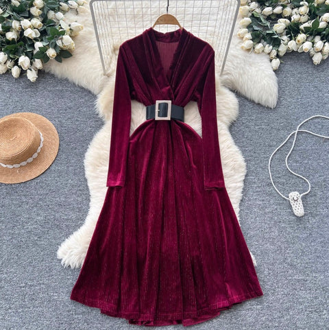 V-neck Suede Dress with Belt