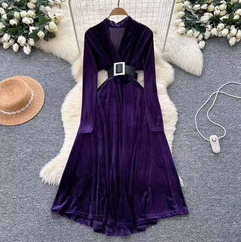 V-neck Suede Dress with Belt