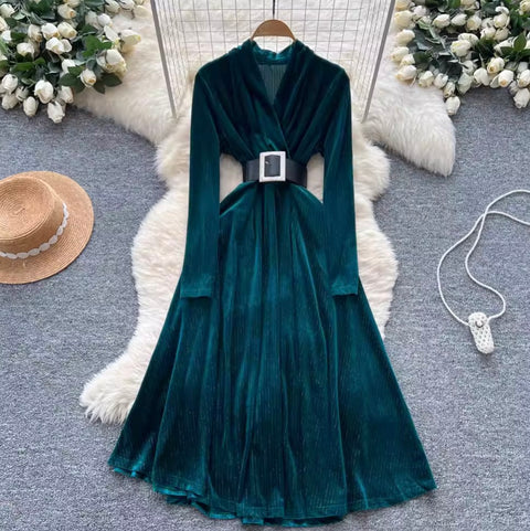 V-neck Suede Dress with Belt