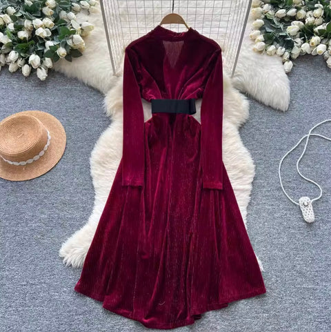 V-neck Suede Dress with Belt