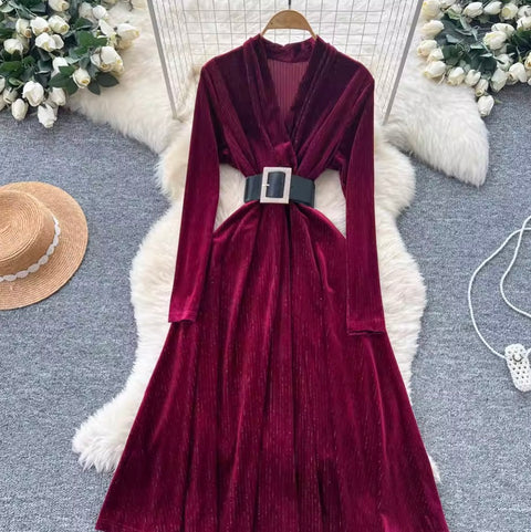 V-neck Suede Dress with Belt