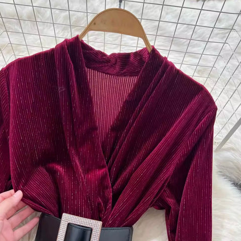 V-neck Suede Dress with Belt