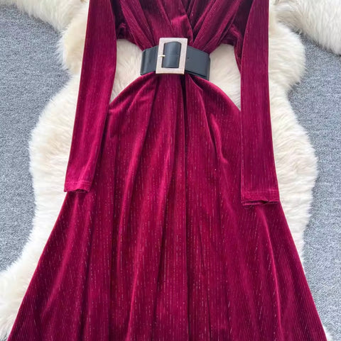 V-neck Suede Dress with Belt