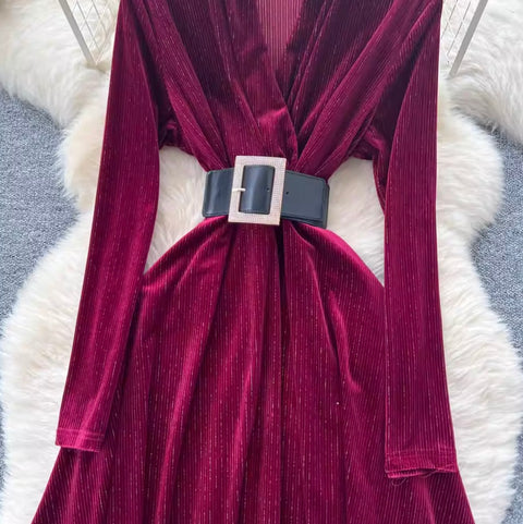 V-neck Suede Dress with Belt