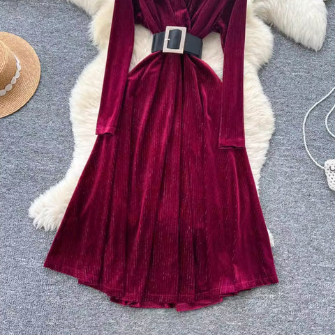 V-neck Suede Dress with Belt