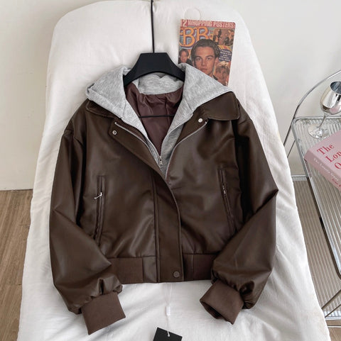 Faux Two-pieces Hooded PU Jacket