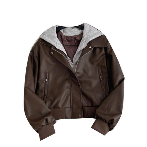 Faux Two-pieces Hooded PU Jacket