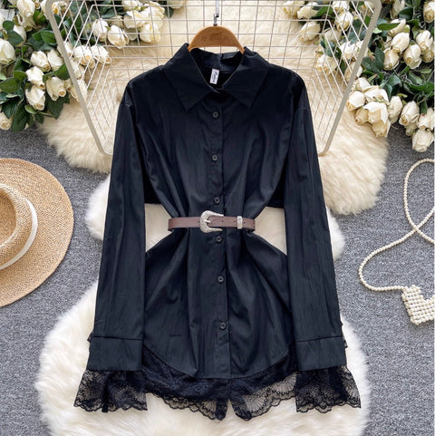 Lace Patchwork White Shirt with Belt