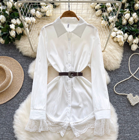 Lace Patchwork White Shirt with Belt