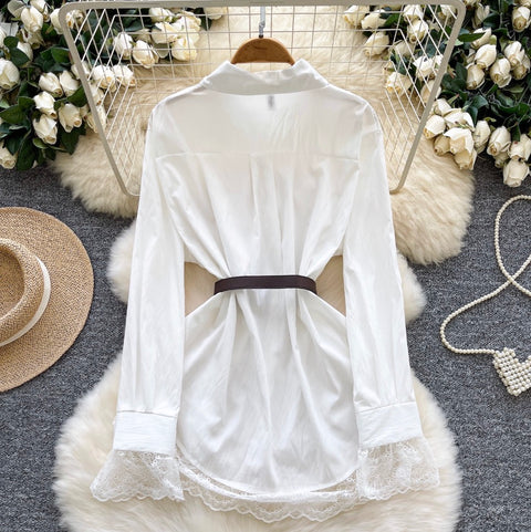 Lace Patchwork White Shirt with Belt
